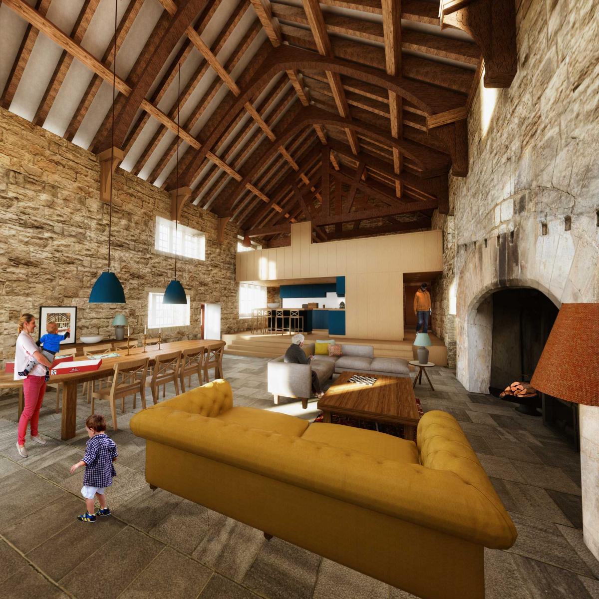 VR visual depicting stone walled high ceiling room, residential with family