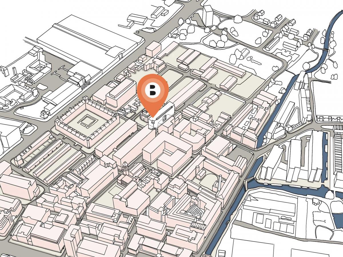 a 3d sketch map of ancoats showing the buttress studio with a pin