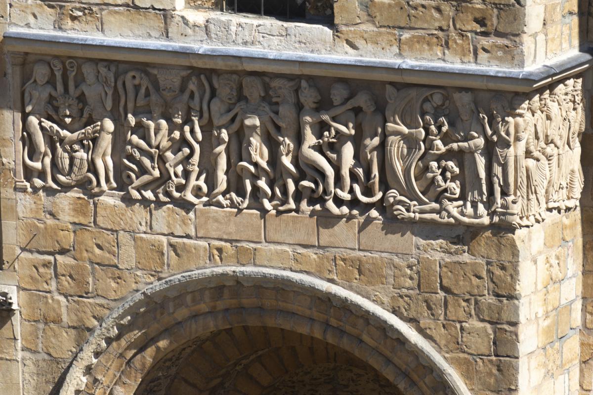 Exterior view of stone carvings on a cathedral 