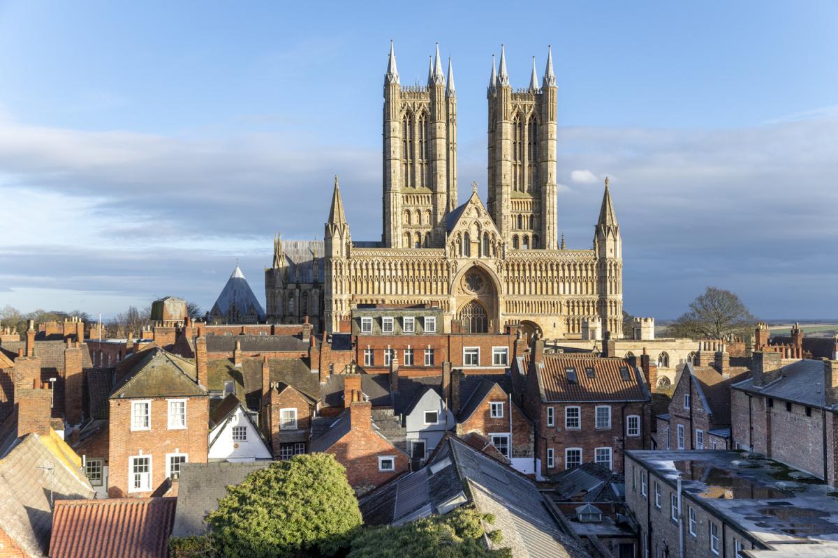 Lincoln cathedral seen across the rooftops of the town