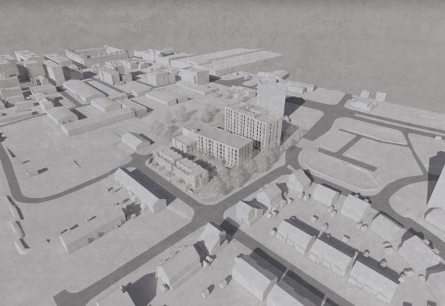 monochrome visual of residential development, aerial shot