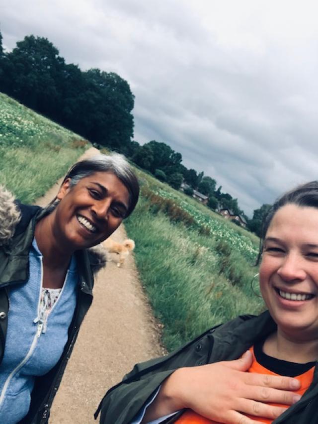 selfie of chithra and kim on walk outside