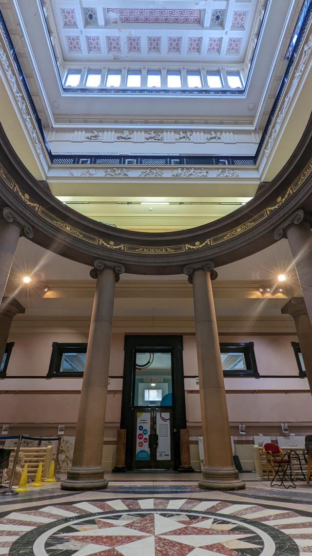 interior foyer area of the harris looking up at large open ceiling