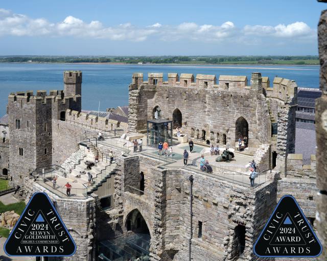External view of the King's Gate area of Caernarfon Castle with two Civic Trust logos in the bottom left and right corners. 