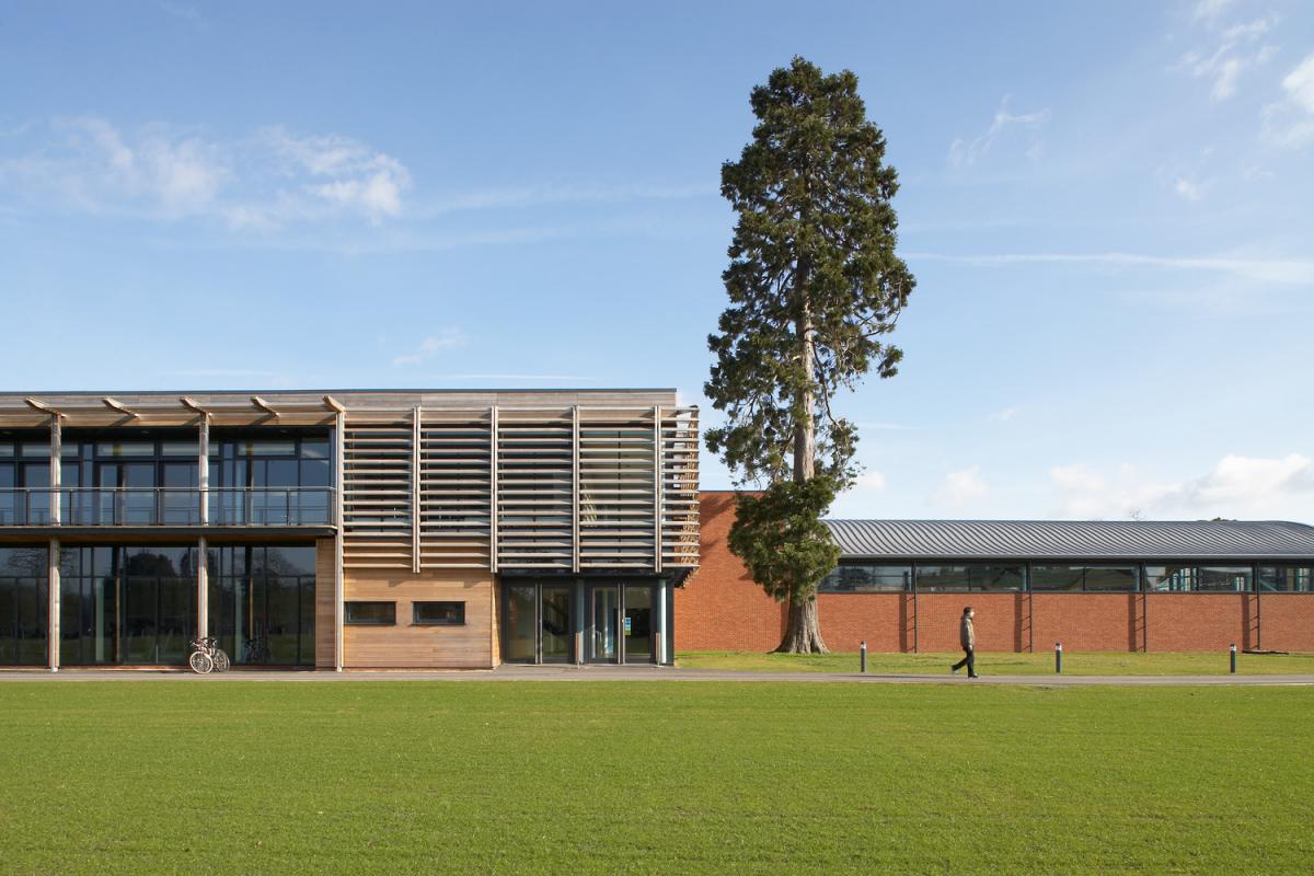 Exterior image of a contemporary sports centre.