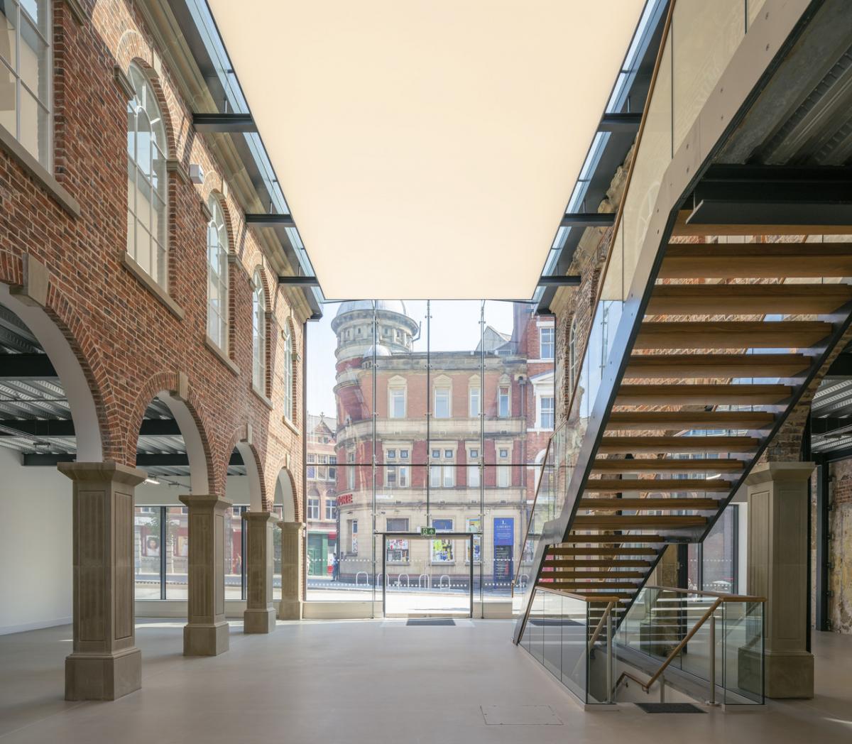 Interior shot of a restored Grade II* listed cloth hall.