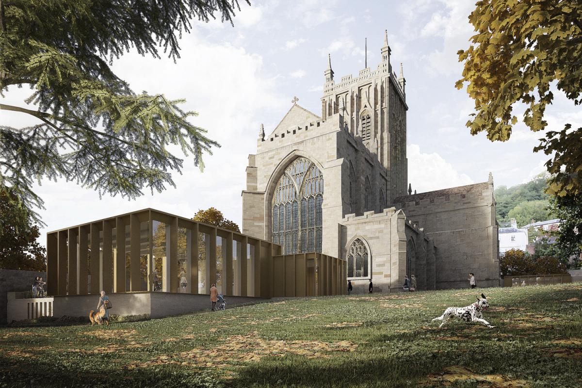 A CGI of a Grade I listed church with contemporary extension.