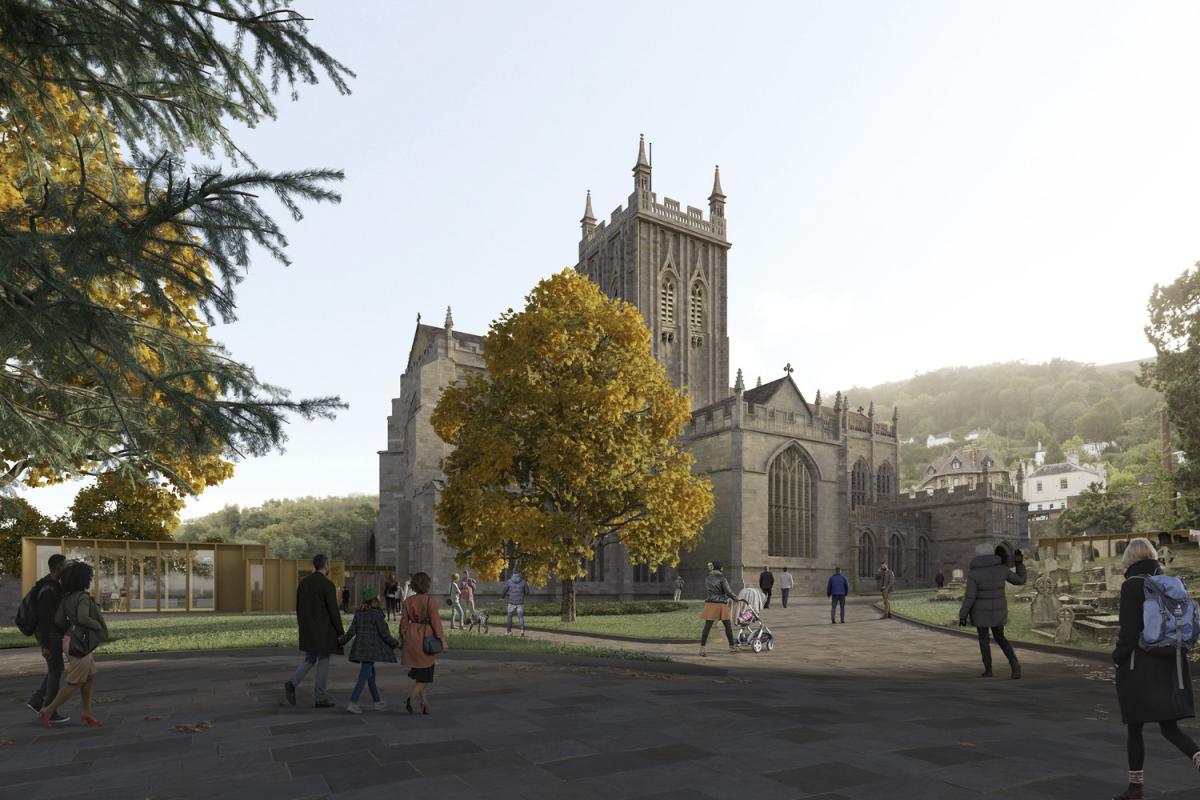 CGI of a Grade I listed church with contemporary extension.