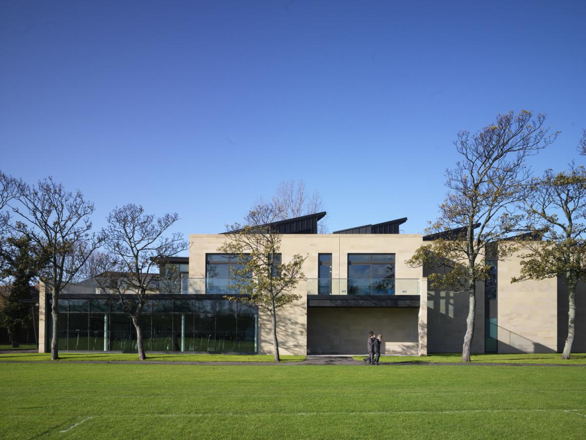 Exterior shot of the sports centre at Merchant Taylors' School, Crosby.