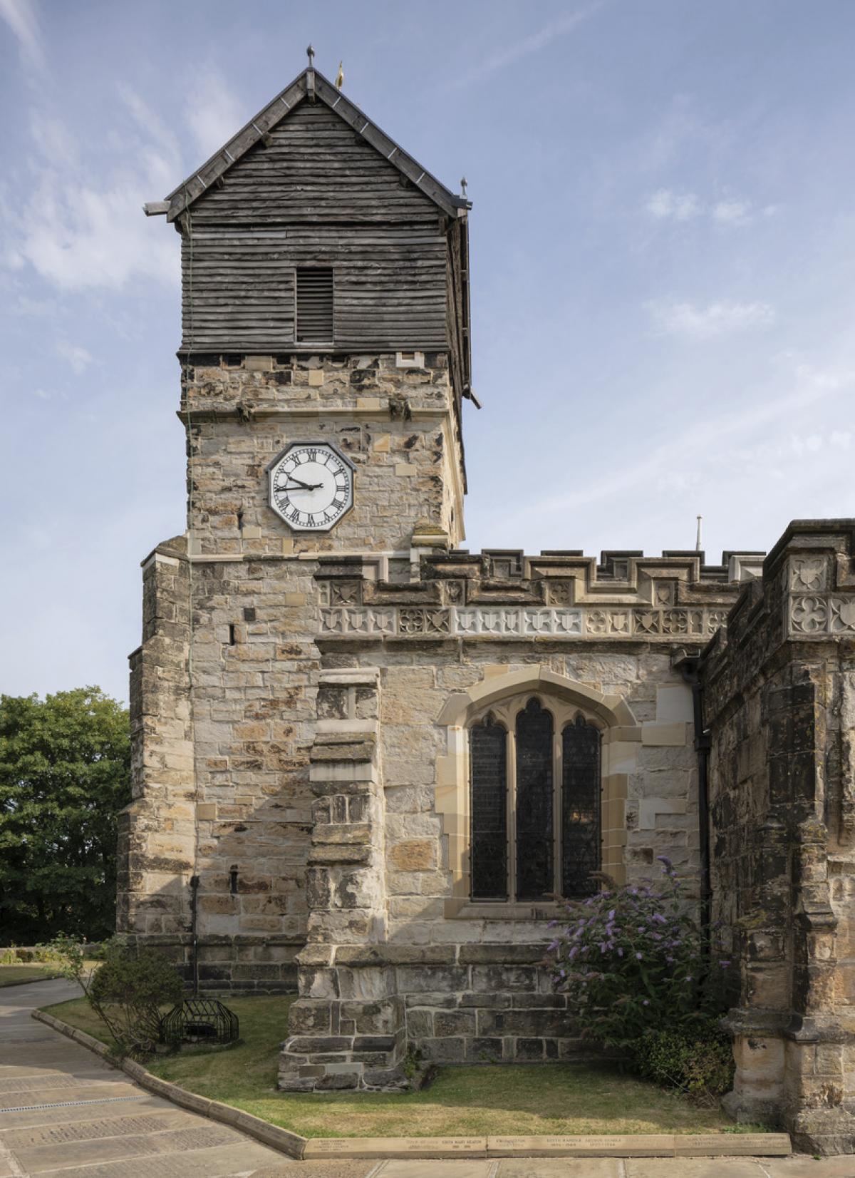 Exterior photo of a church tower