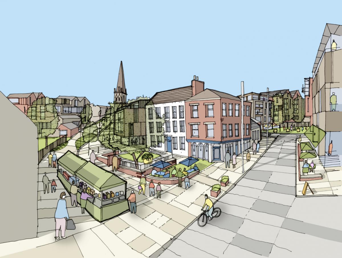 Sketch of a street with market stall