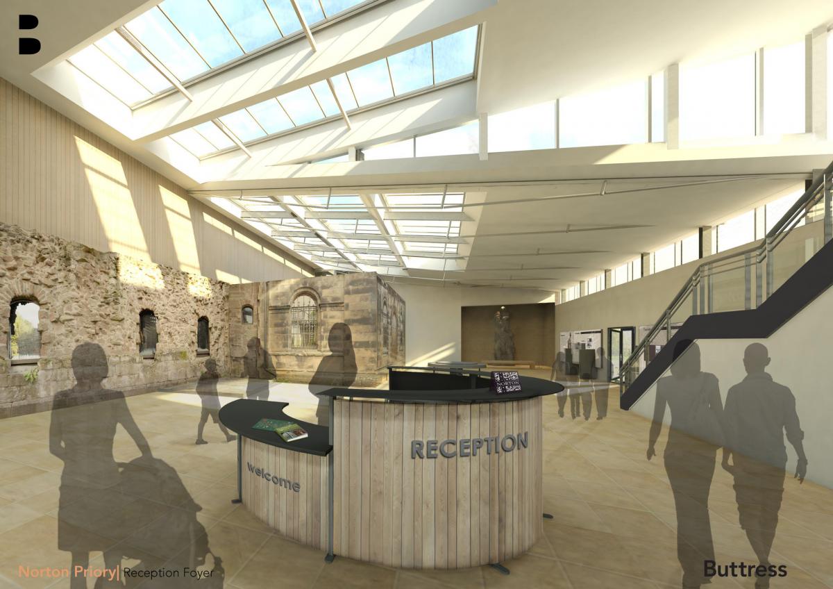 visual of norton priory reception area depicting central reception desk, slanting ceilings with sky windows