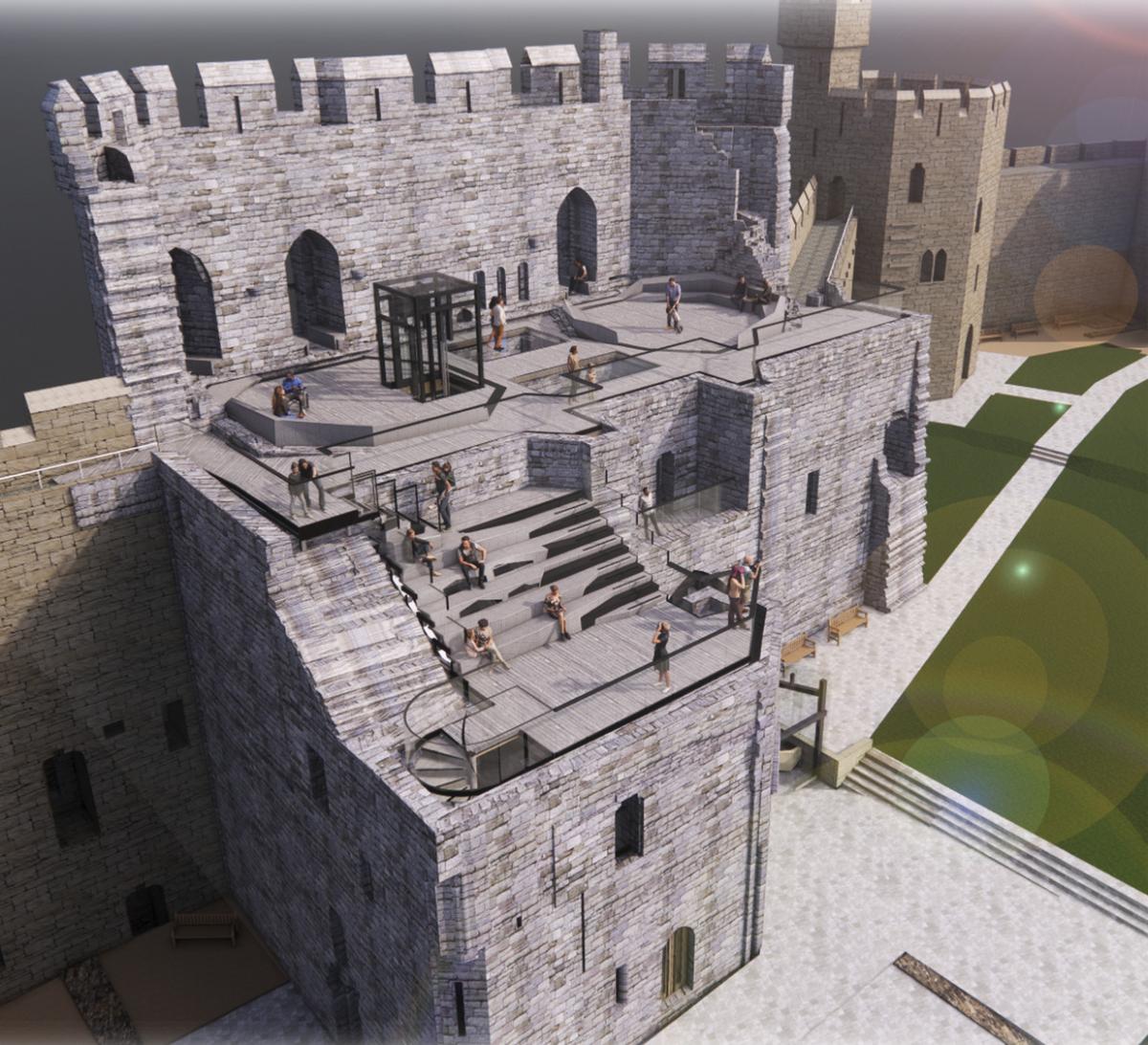 visual of caernarfon castle, grey brick platform with descending stairs to lower platform