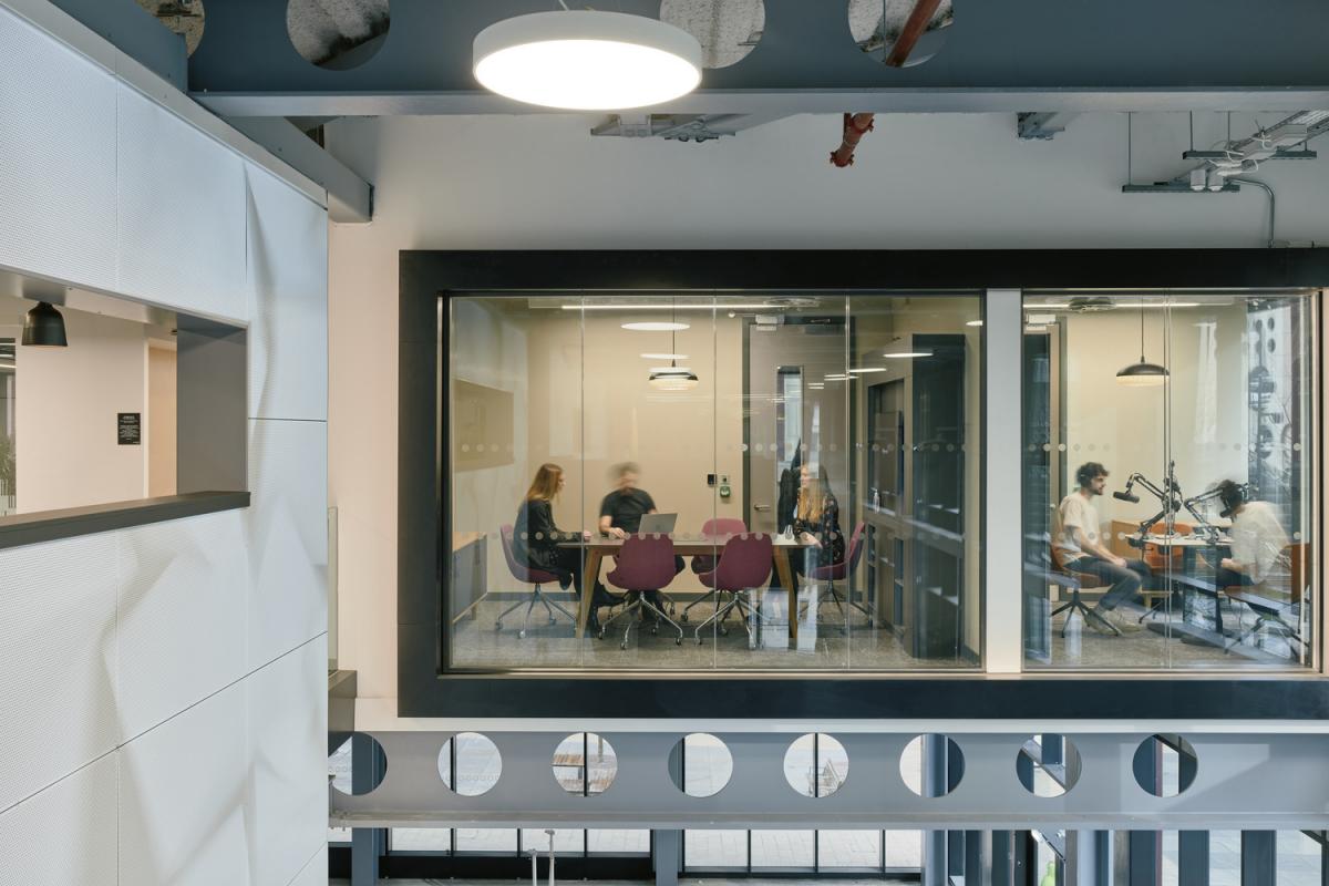 interior of circle square glass box meeting room