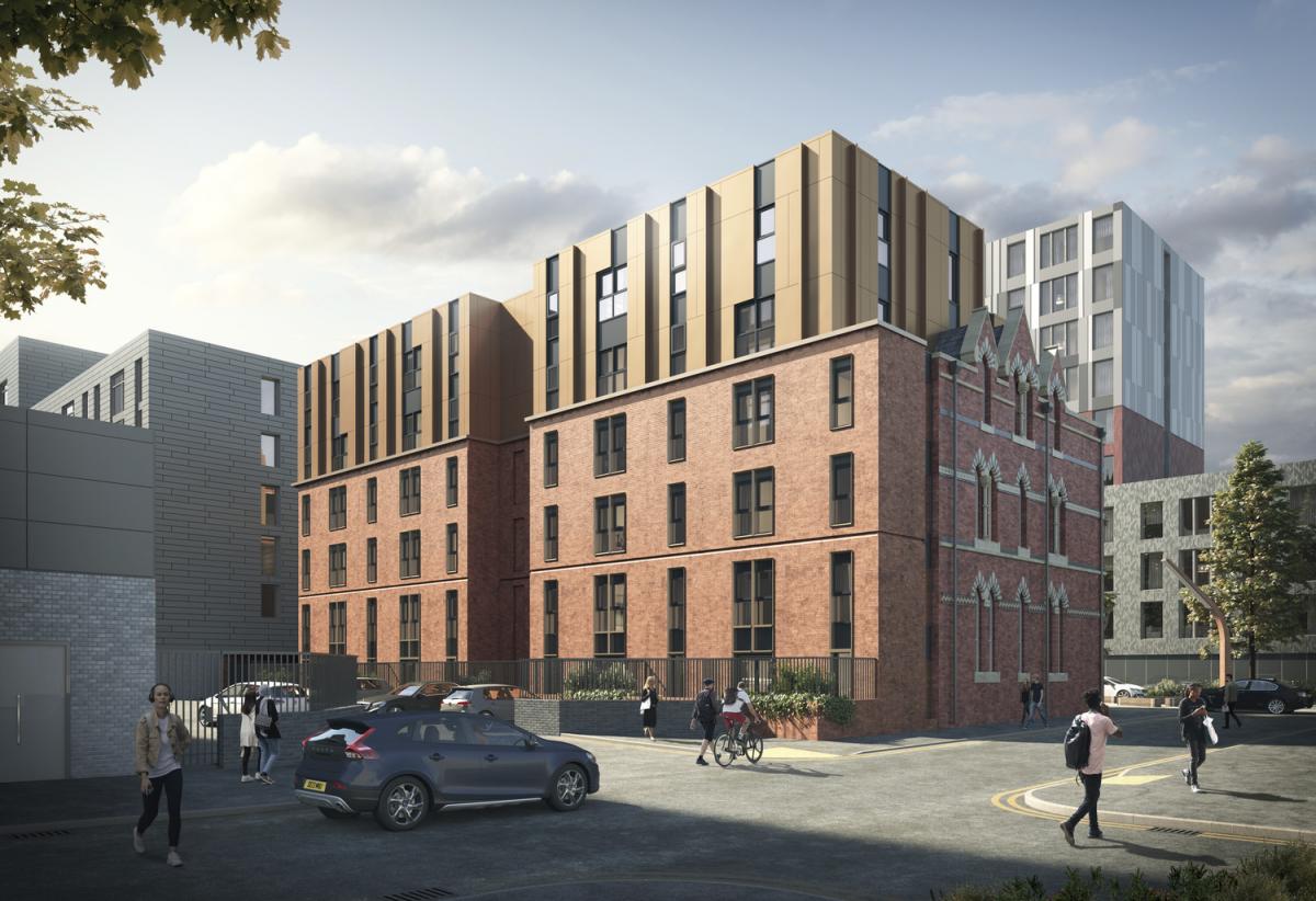 CGI of the rear of restored historic building.