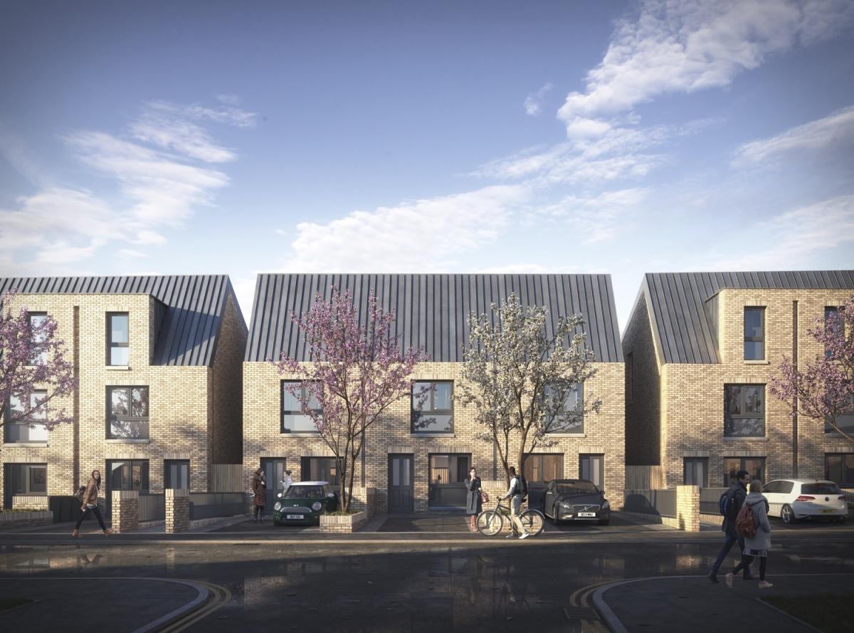 CGI of a row of terraced homes.