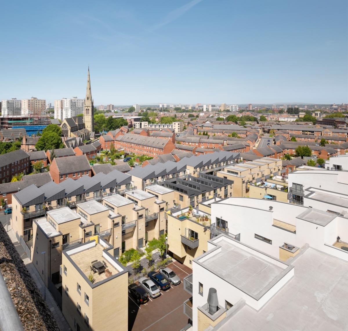 Aerial image of a new residential scheme in Hulme, Manchester.