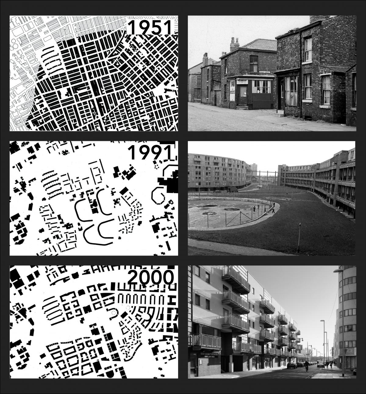 Three images showing density mapping of Hulme in 1951, 1991 and 2000.