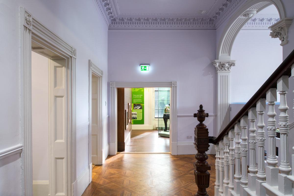 Image of a corridor and stairwell within a museum.