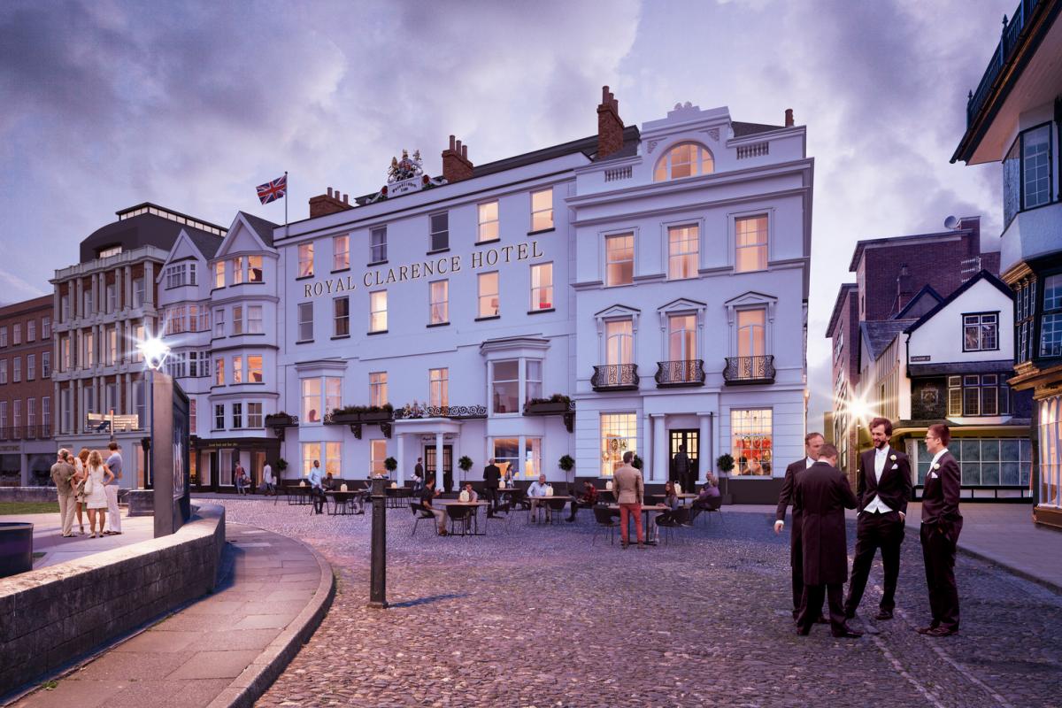 Exterior CGI of a historic hotel