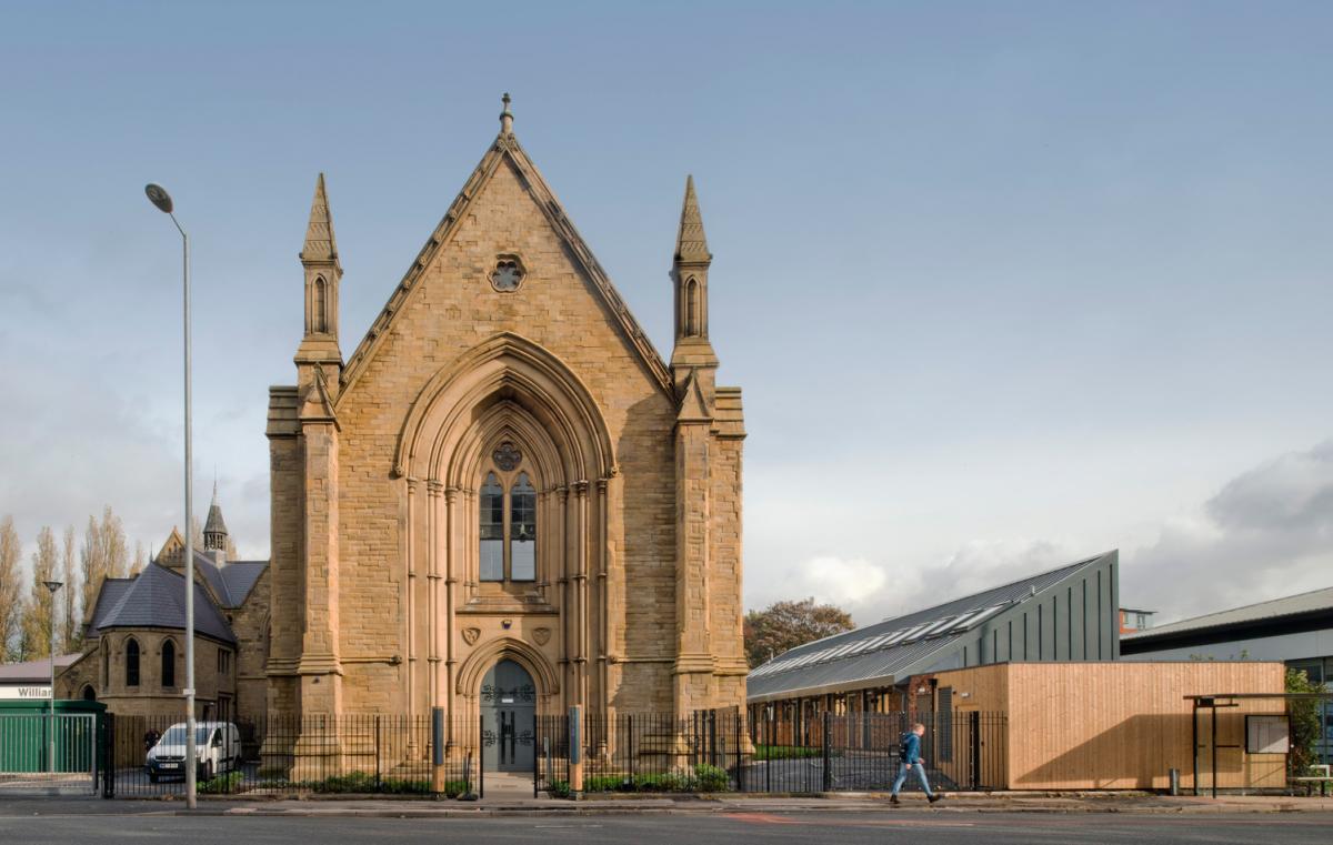 Front of a restored historic chapel