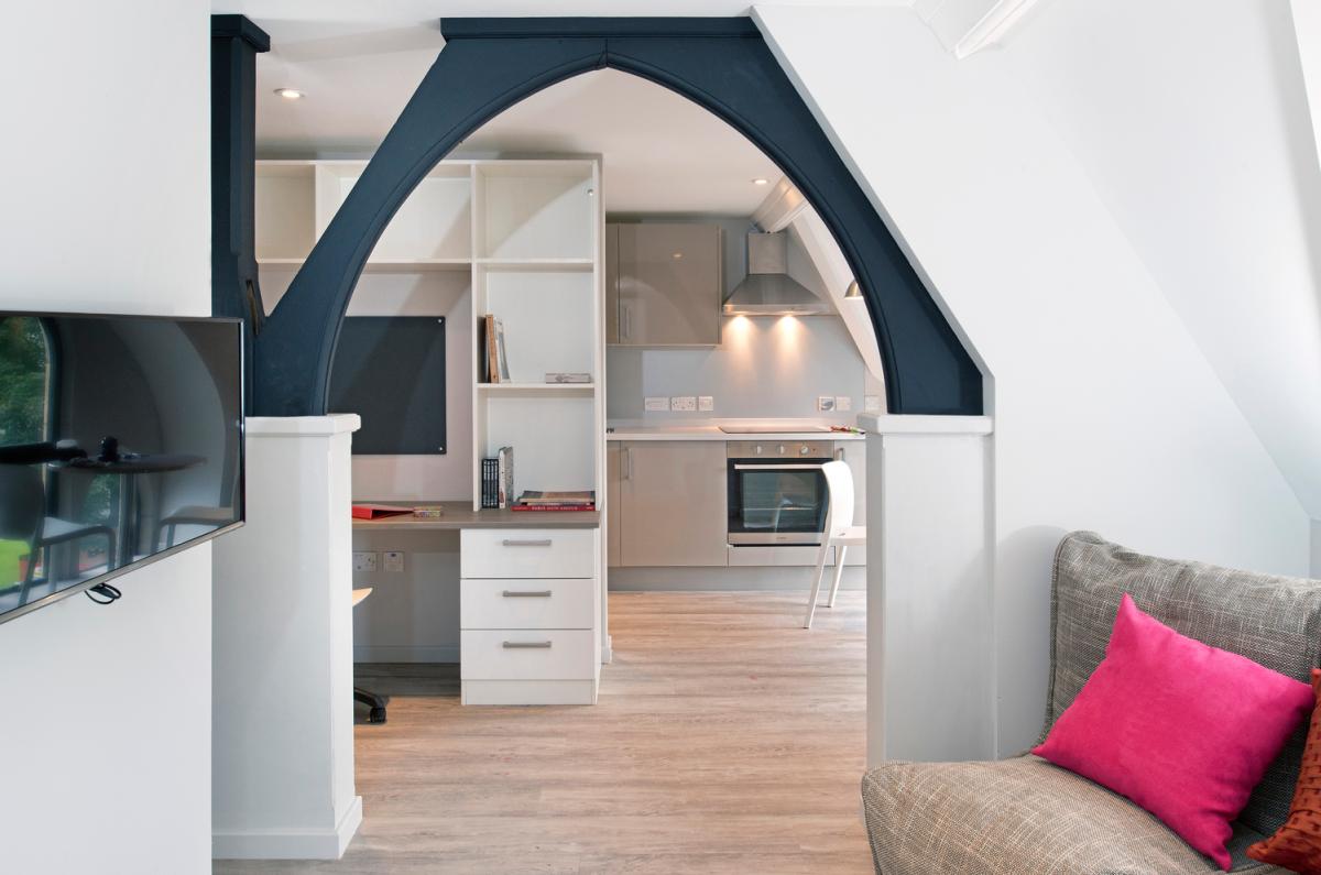 Inside an apartment in a restored chapel. 