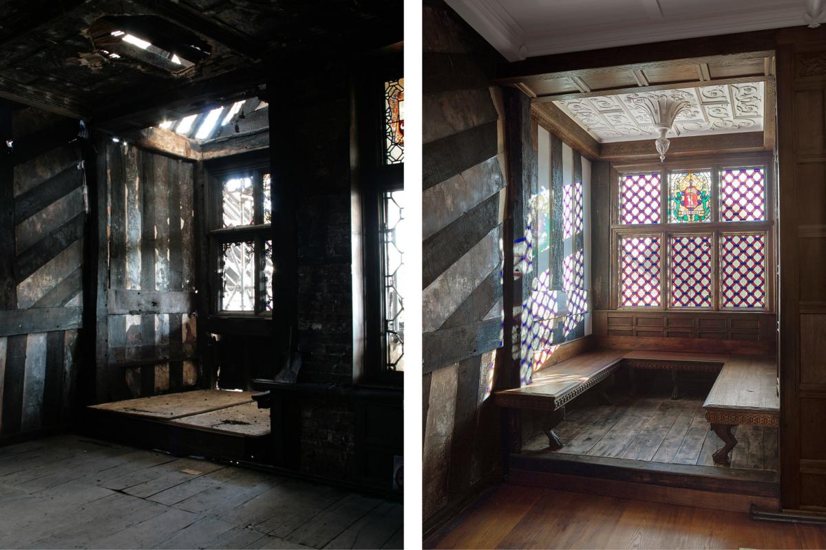 before and after restoration of wythenshawe hall window seating area