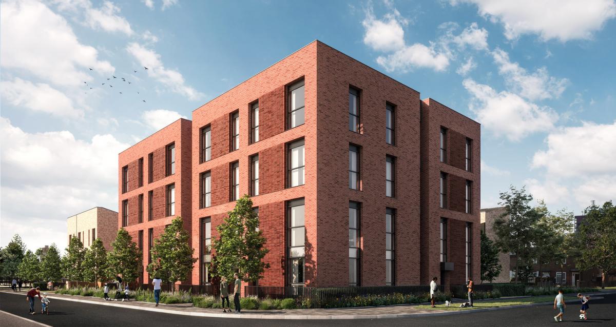 exterior visual of collyhurst apartment block in red brick