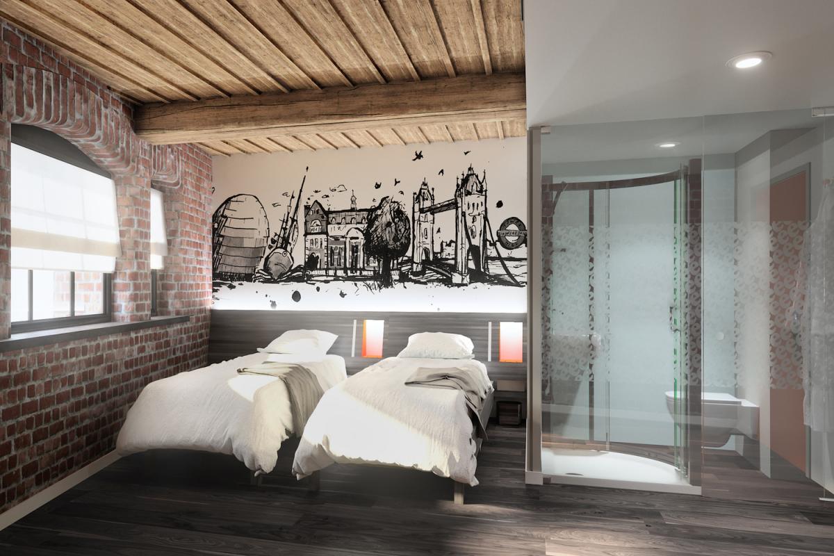 Image of a hotel room located in a former shipping warehouse.