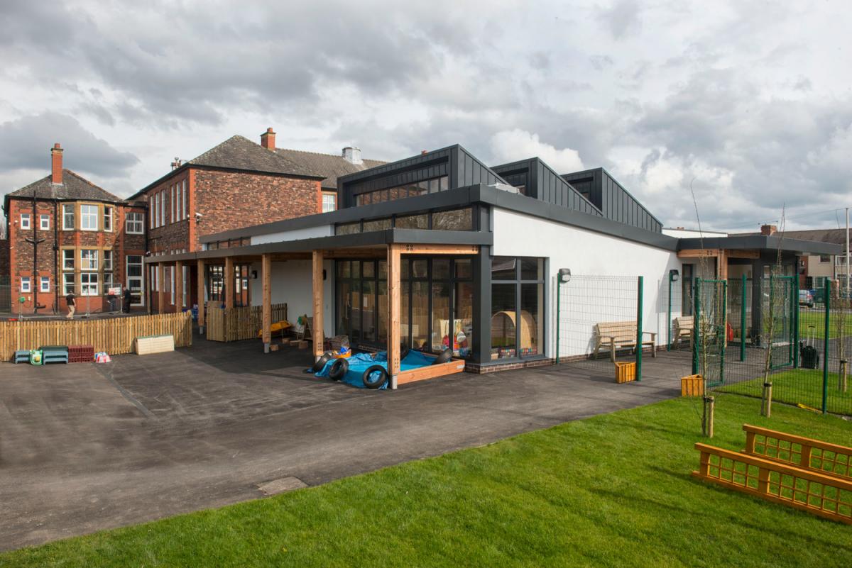 exterior of evelyn street primary school showing slanted roof detail