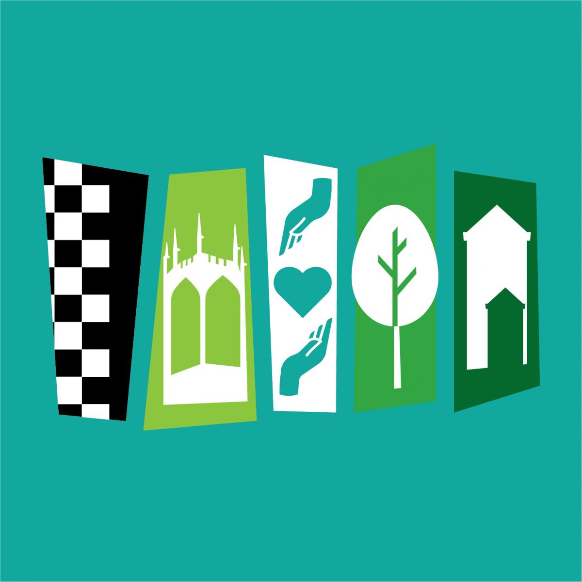 green graphic of four different sections, one black and white checkboard, one church, one two hands holding heart, one leaf, and last buildings