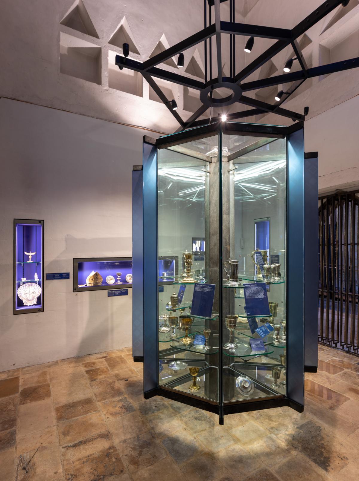 central geometric hanging glass unit in treasury room