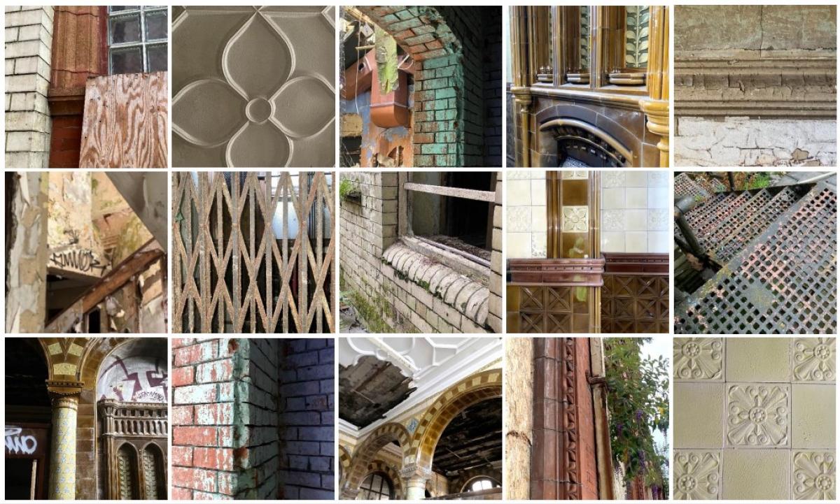 a grid of details of a historic building