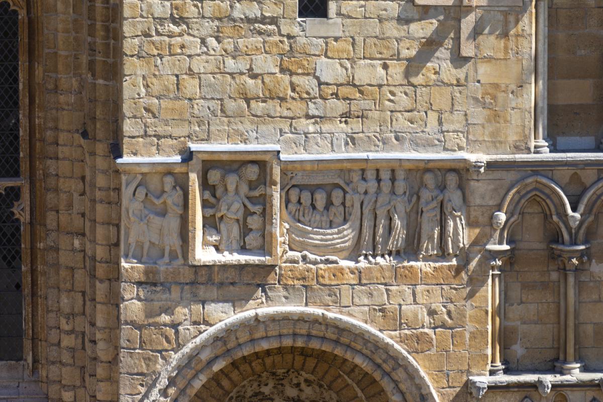 a detail of the romanesque frieze on lincoln cathedral's west front