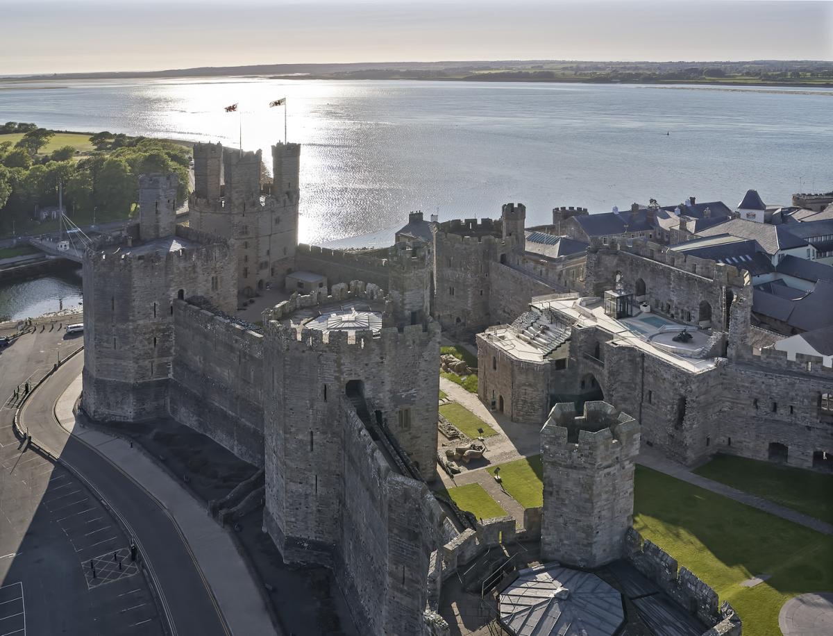 an aerial view looking across the new viewing decks at Caernarvon Castle