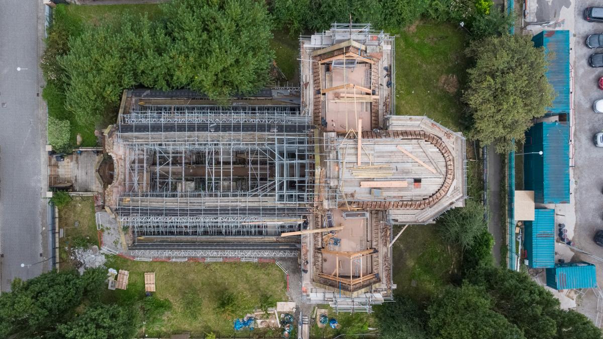 Drone shot of Church of the Ascension, taken above of work and scaffolding being done on the building.