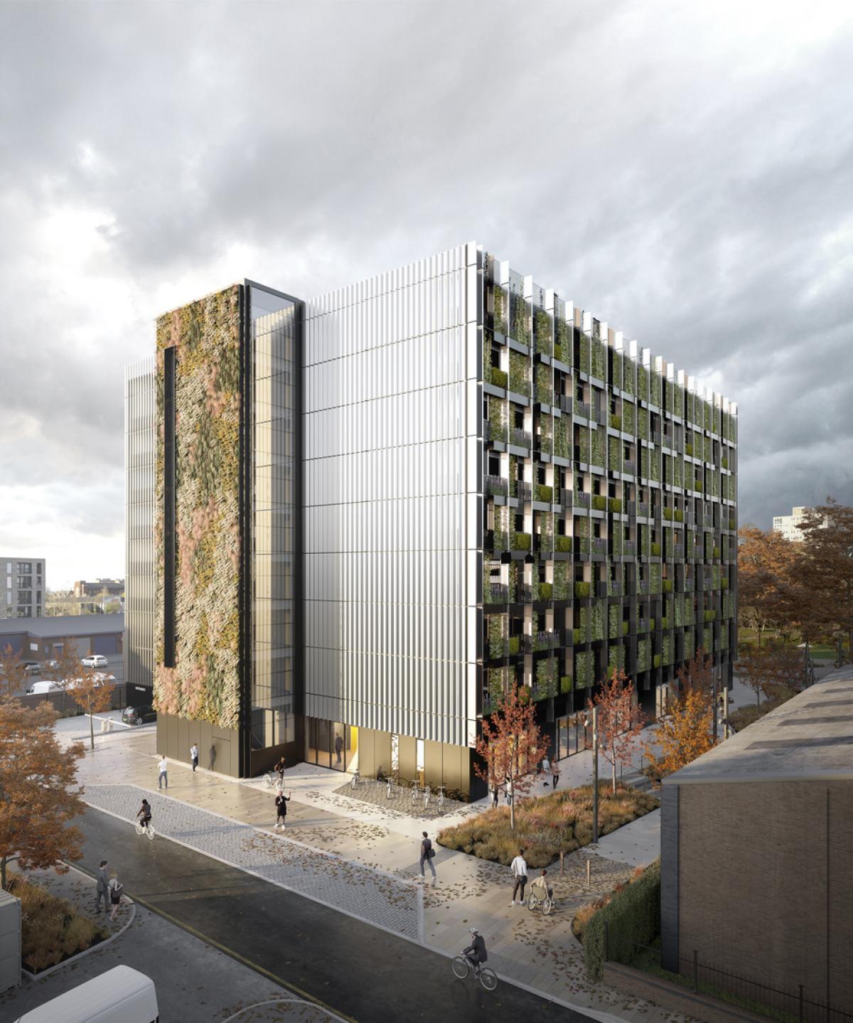 the ancoats mobility hub has green living walls to two facades