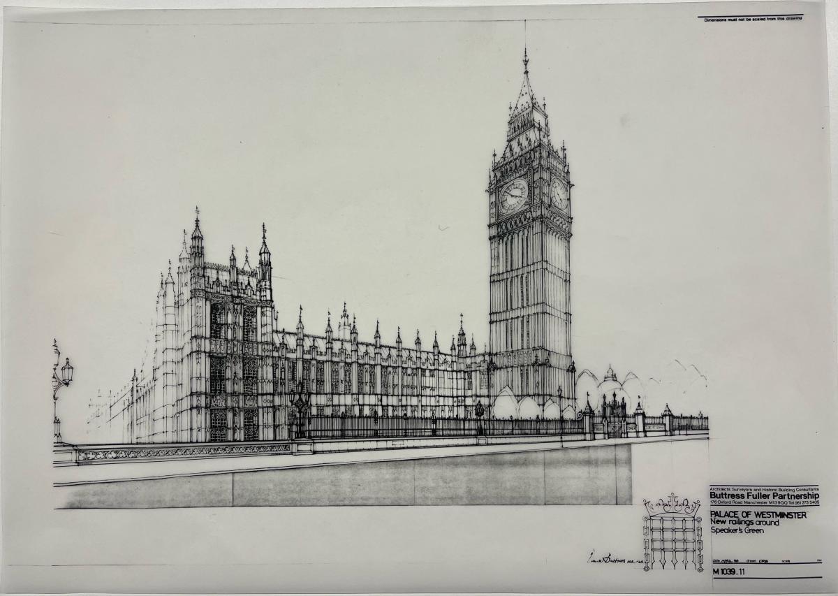 Pencil, black and white drawing of the Palace of Westminster