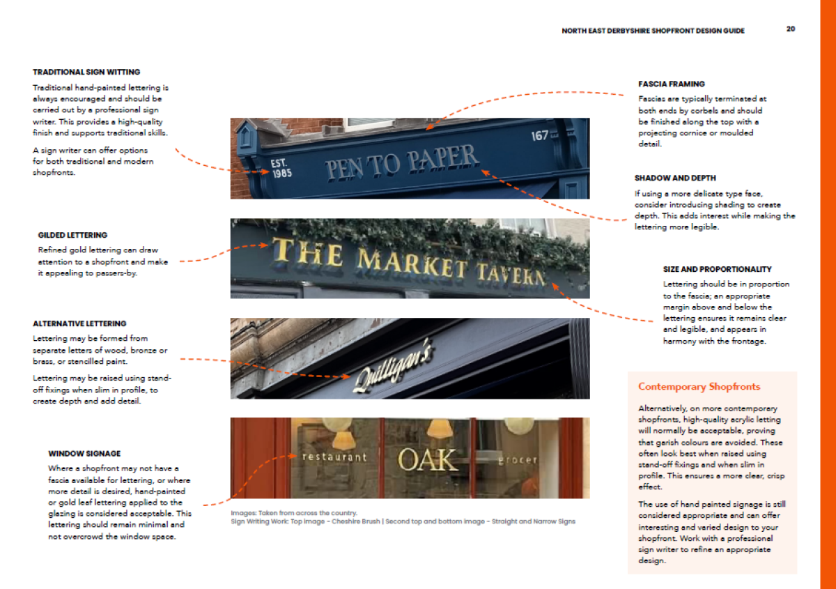 Page from a report showing pictures of shops and their names and explaining text