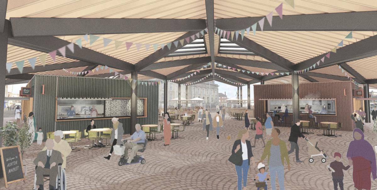 Two market kiosks have lots of people shopping and chatting around them. The two kiosks are covered by a large triangulated shaped canopy.