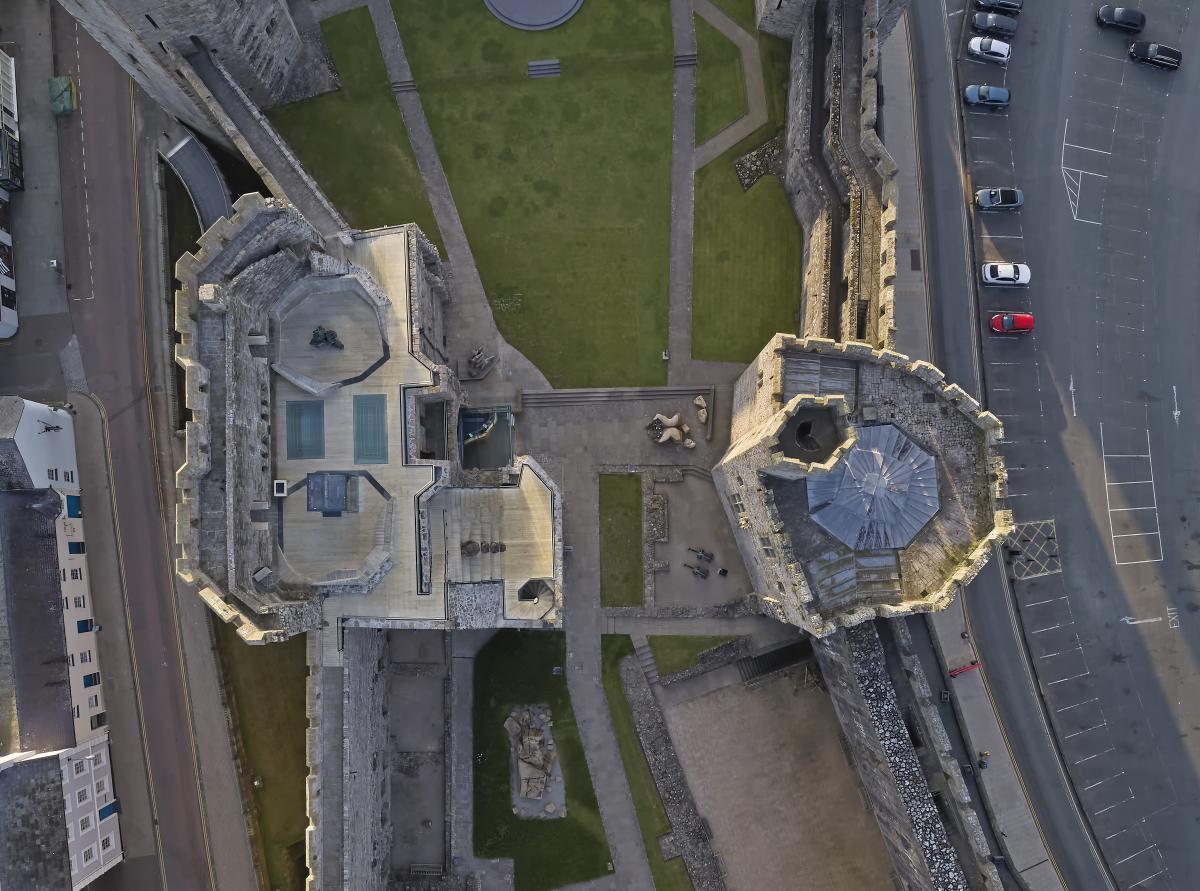 an aerial view looking down on the Kings Tower at Caernarfon Castle