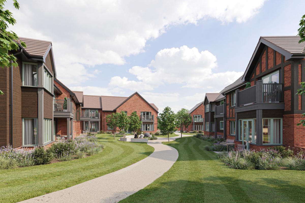 CGI image of Knowle Retirement Village. Red brick houses with dark wood panelling along a curved path, with green lawn gardens.