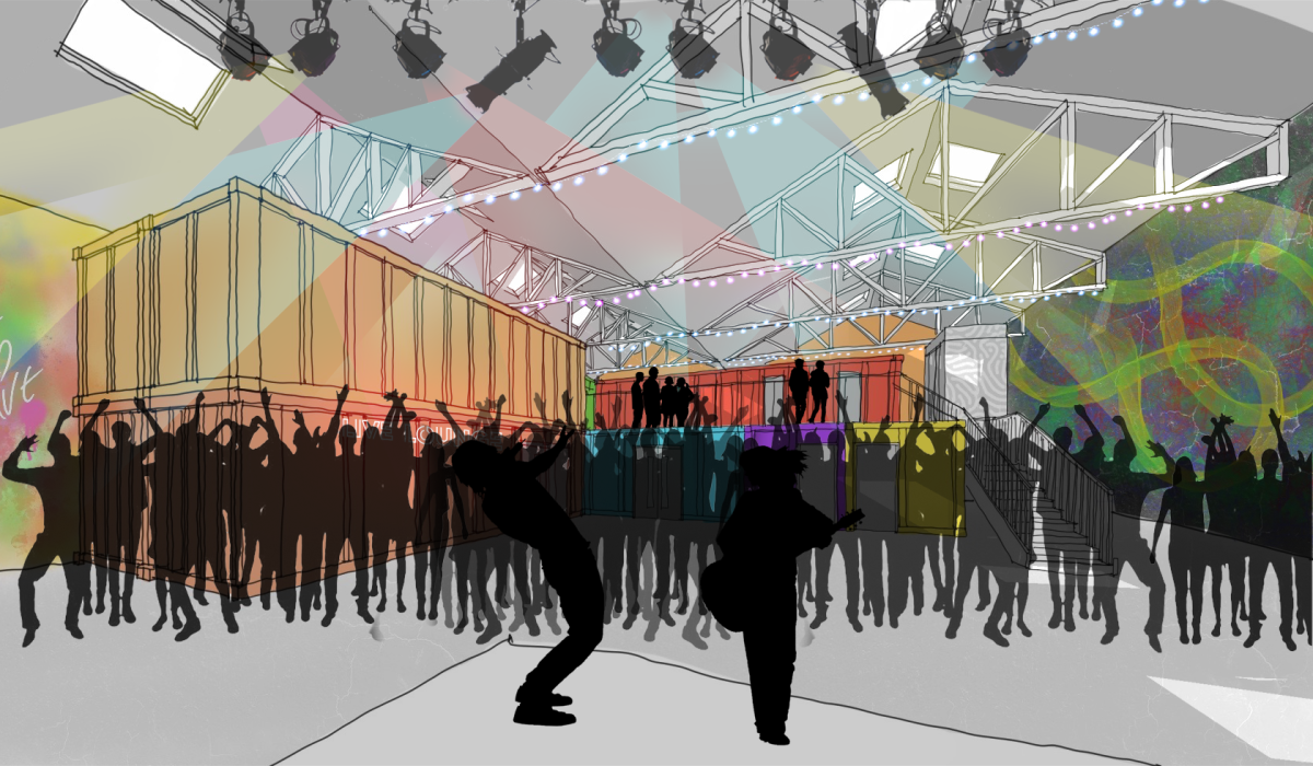 A computer graphic image showing lots of people dancing and having fun in a large club style building.  There are lights pointing towards a performance stage.  On the left of the image is a shipping container type building.