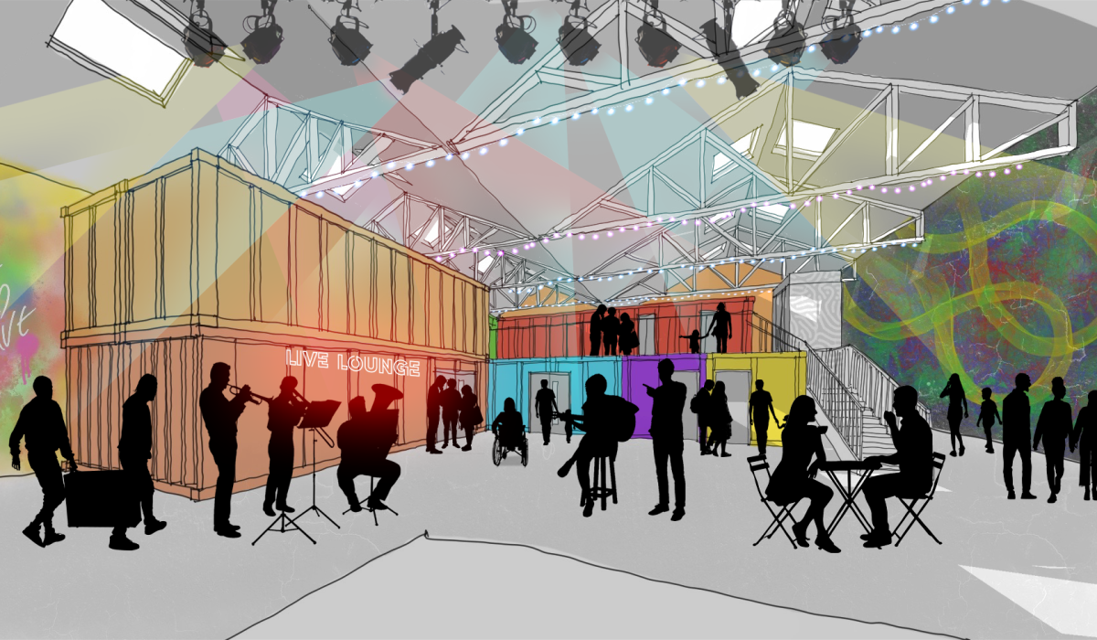 A computer designed image showing people playing musical instruments in a large, open room.  Some people are sitting down at a table, chatting having a coffee.  On the left of the image there are two colourful shipping containers.  In the background is another shipping container with doorways for people to enter.  There are lights in the ceiling pointing towards the back of the image which could also be a performance space.  