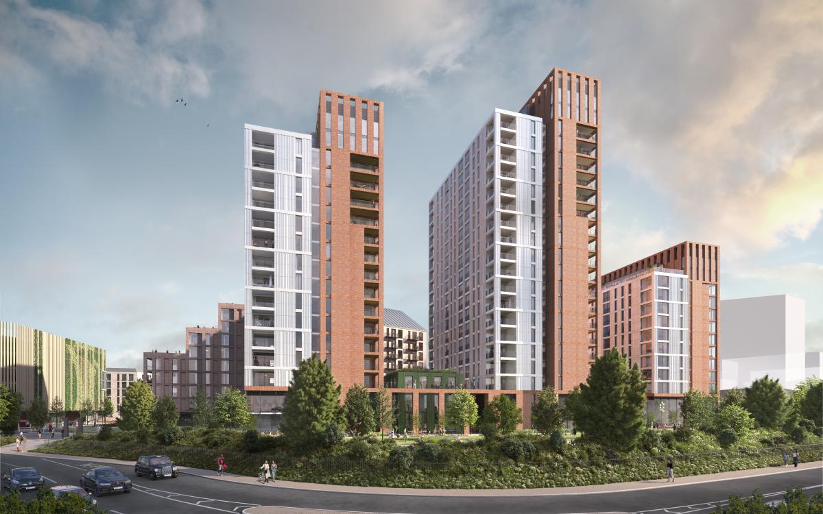 A CGI image of four high-rise buildings with greenery at the botttom