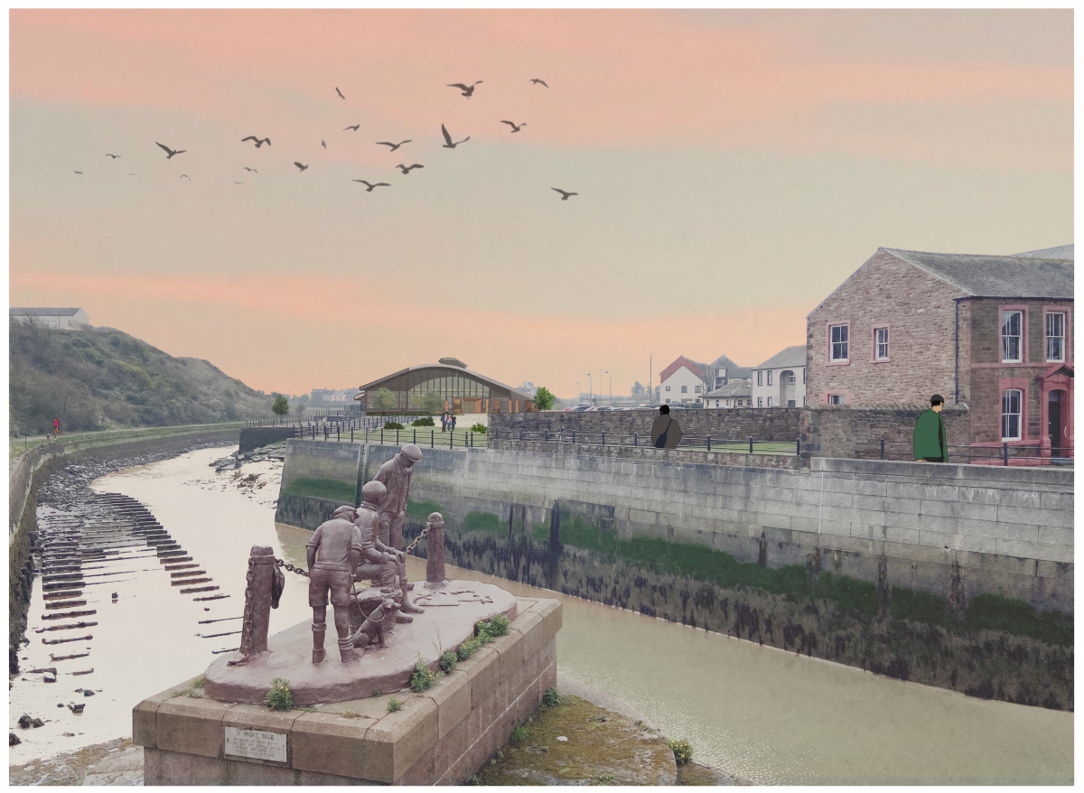 Dusk time view of a harbour side scene.  In the foreground is a sculpture of shipyard workers pulling ropes in front of the waterside.  On the other side of the water channel 