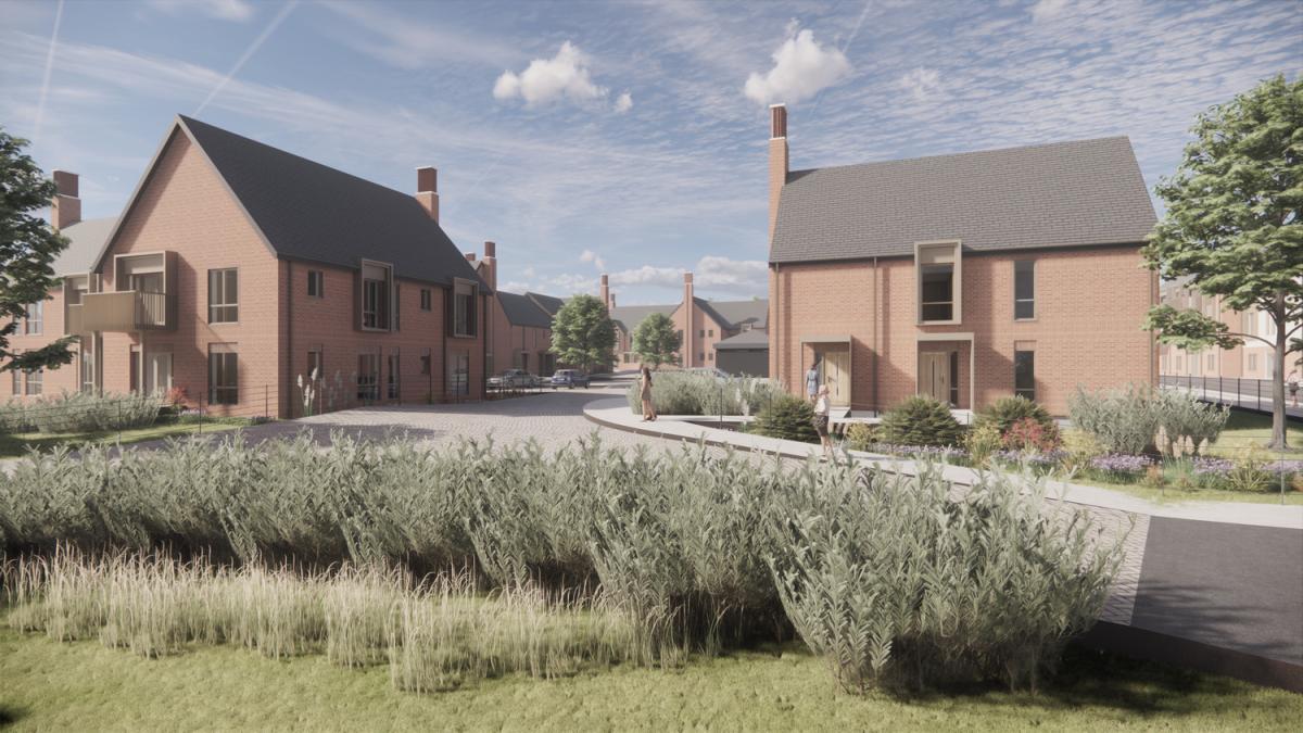 Computer generated image of the proposed homes. In the foreground is a lavender hedge and grass area. In the middle of the image is a lane with the proposed housing in the background. 