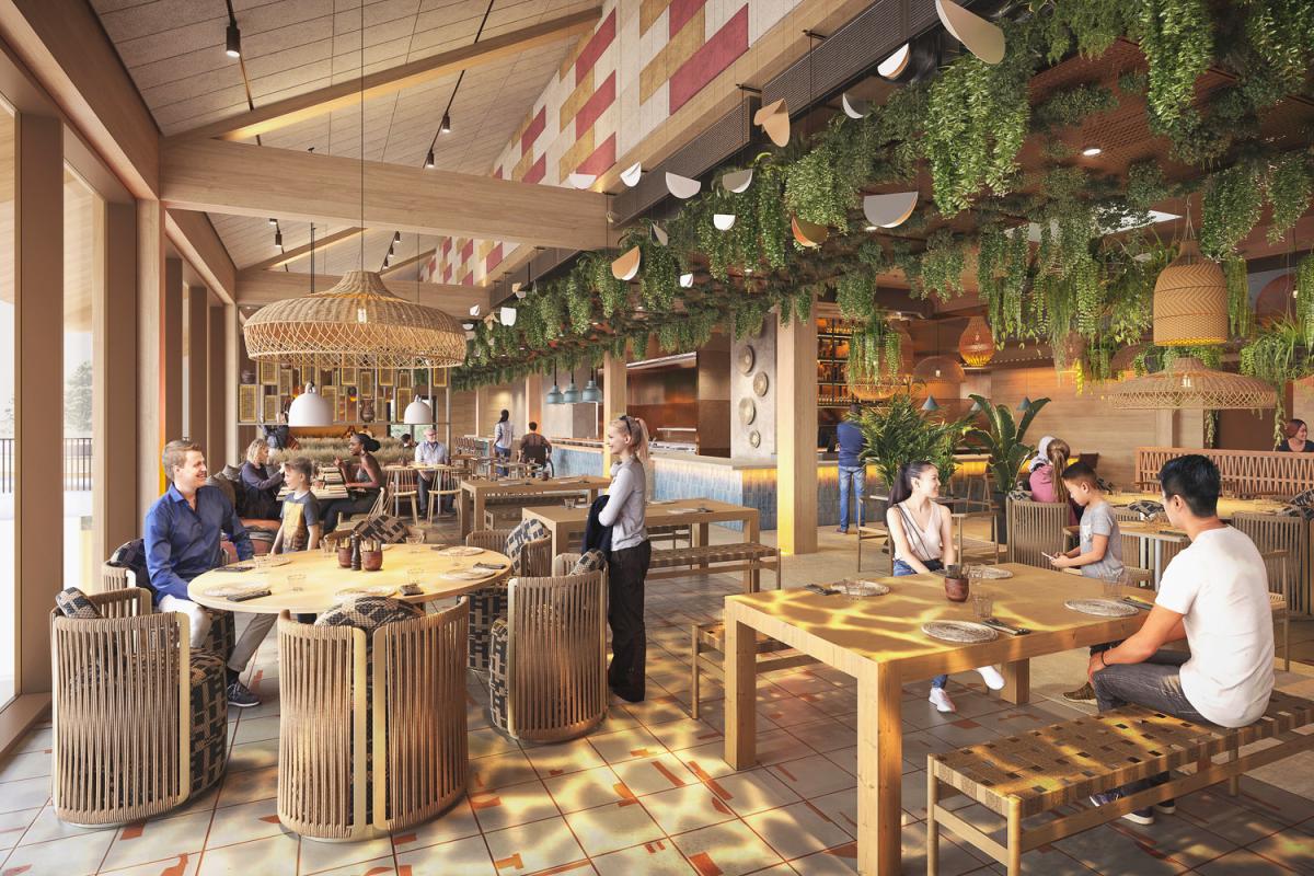 a cgi of the inside of a restaurant with wooden structure and furniture, and green plants hanging from the rafters