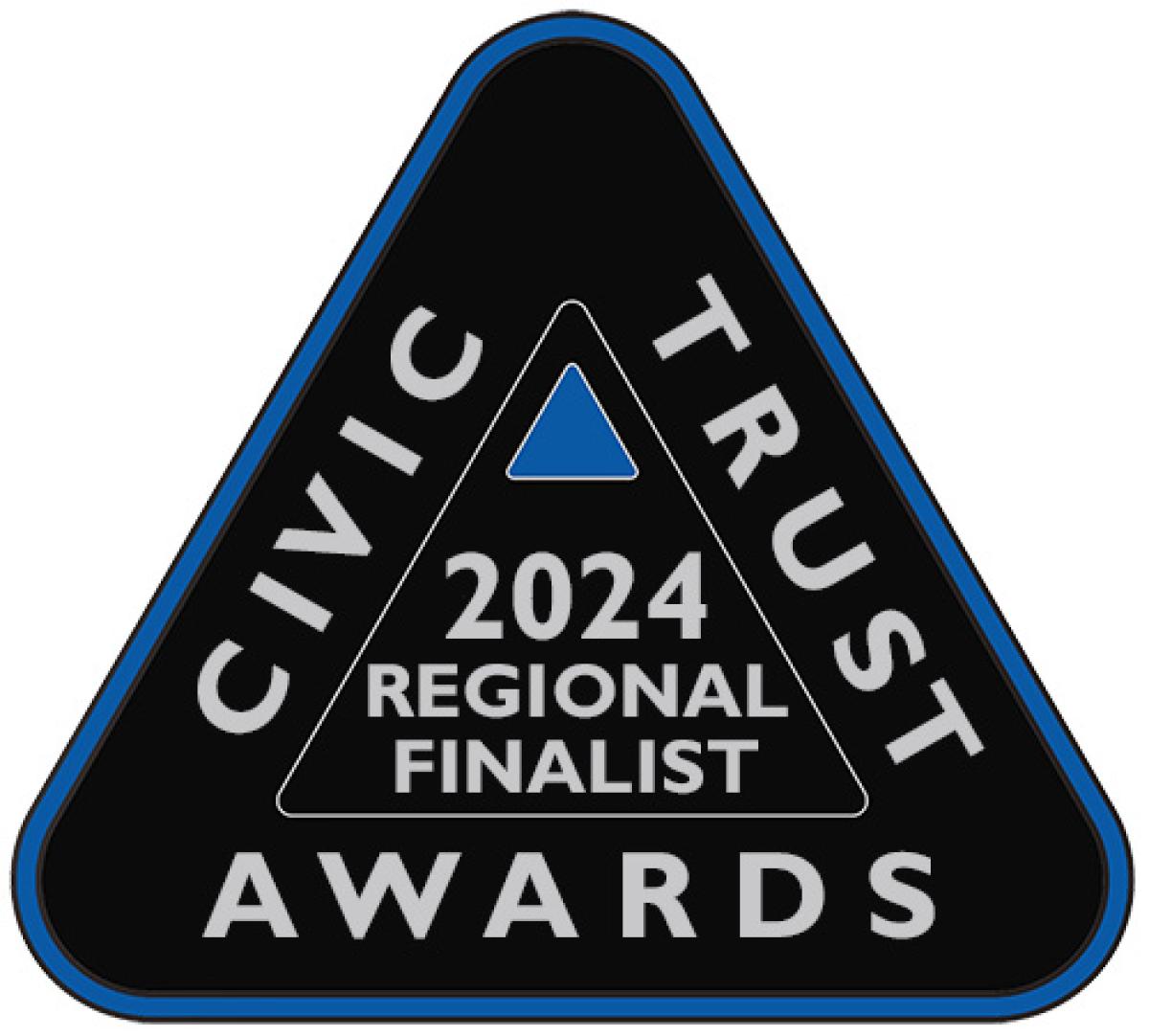 Triangular logo with the works Civic, Trust and Awards written on each outside edge.  Inside, the words 2024 Regional Finalists are shown.