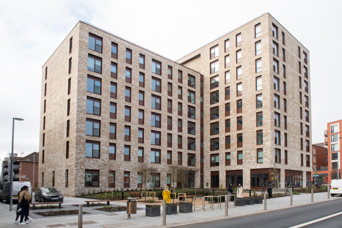 Exterior photo of a modern Passivhaus apartment building